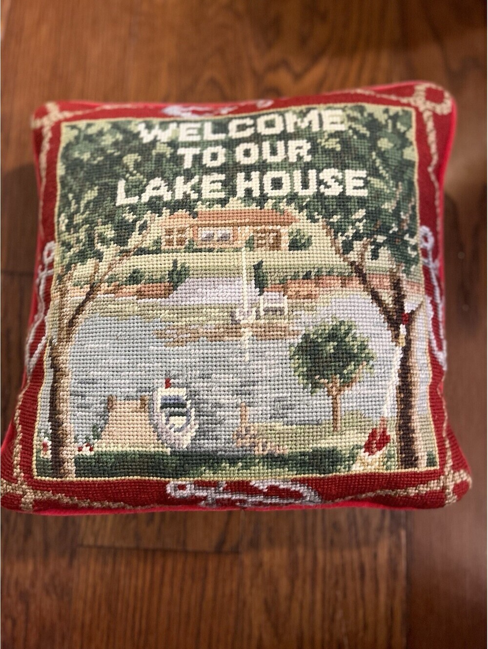 Vtg Needlepoint Decorative Pillow 13x13 Welcome To Our Lake house Red